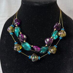 Vintage Teal, Purple, and Gold Iridescent Bead Multi Strand Necklace